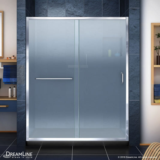 Infinity-Z 34 in. D x 60 in. W x 74 3/4 in. H Frosted Sliding Shower Door in Chrome and Center Drain Black Base