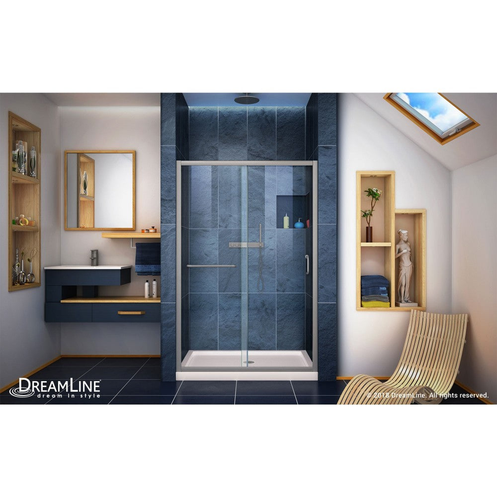 Infinity-Z 36 in. D x 48 in. W x 74 3/4 in. H Clear Sliding Shower Door in Brushed Nickel and Center Drain Biscuit Base