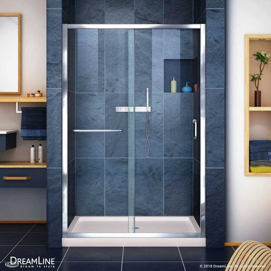 Infinity-Z 36 in. D x 48 in. W x 74 3/4 in. H Clear Sliding Shower Door in Chrome and Center Drain Biscuit Base
