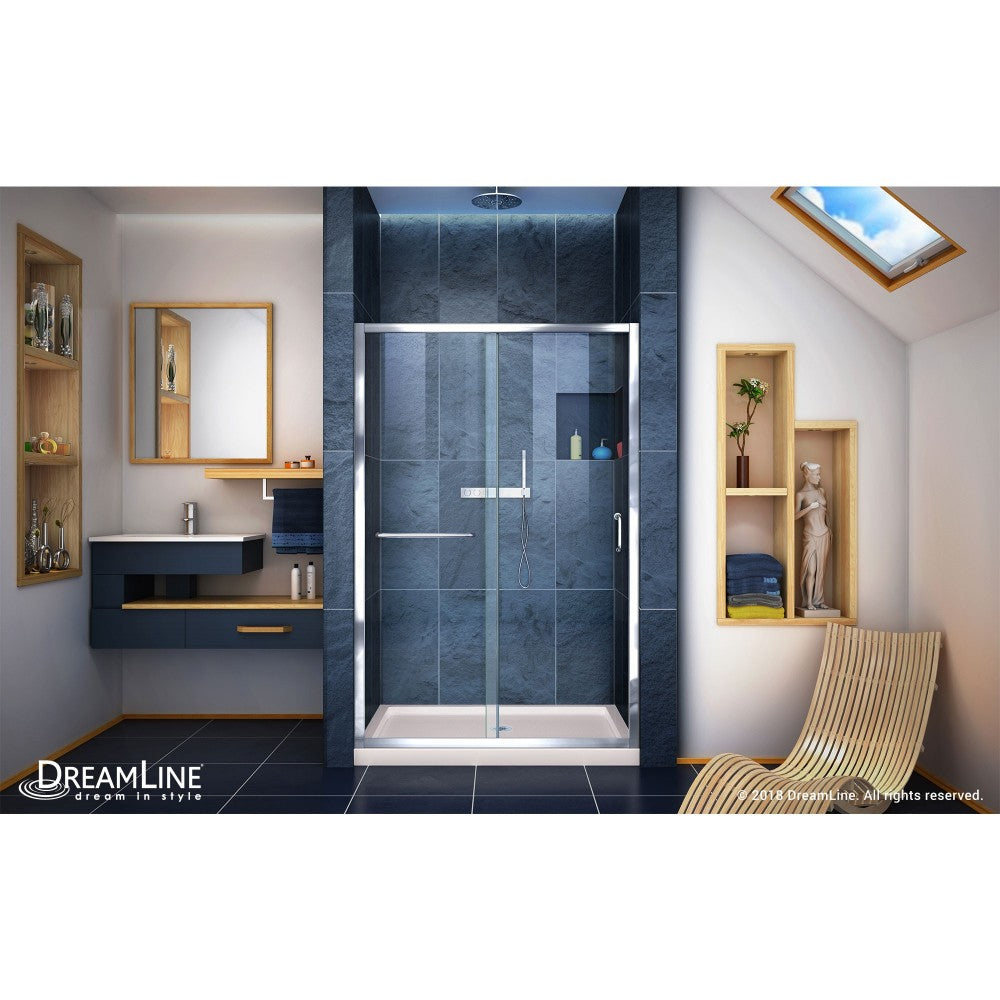 Infinity-Z 36 in. D x 48 in. W x 74 3/4 in. H Clear Sliding Shower Door in Chrome and Center Drain Biscuit Base