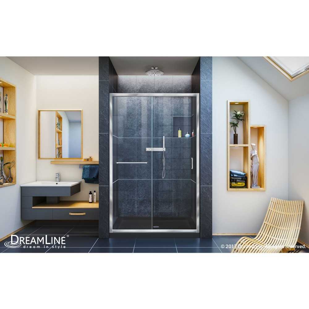 Infinity-Z 36 in. D x 48 in. W x 74 3/4 in. H Clear Sliding Shower Door in Chrome and Center Drain Black Base