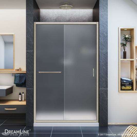 Infinity-Z 36 in. D x 48 in. W x 74 3/4 in. H Frosted Sliding Shower Door in Brushed Nickel and Center Drain White Base