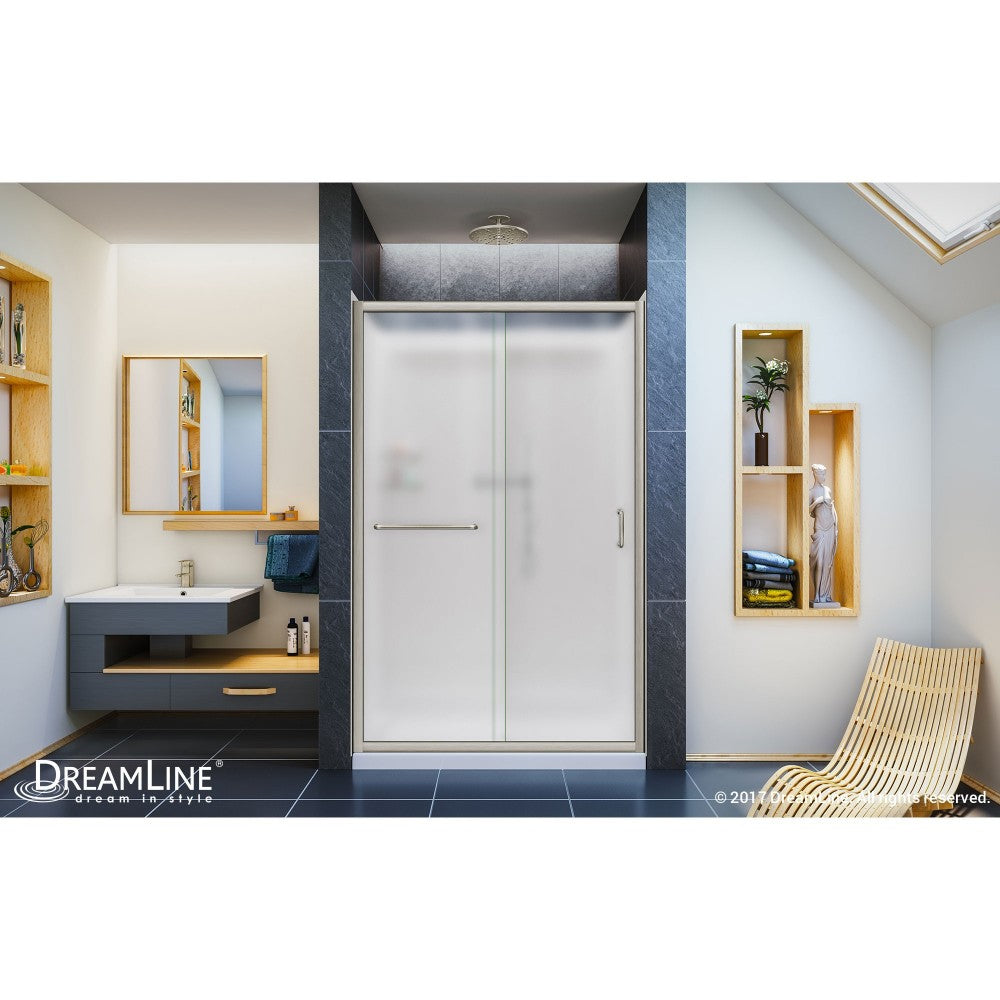 Infinity-Z 36 in. D x 48 in. W x 76 3/4 in. H Frosted Sliding Shower Door in Brushed Nickel, Center Drain Base, Backwall