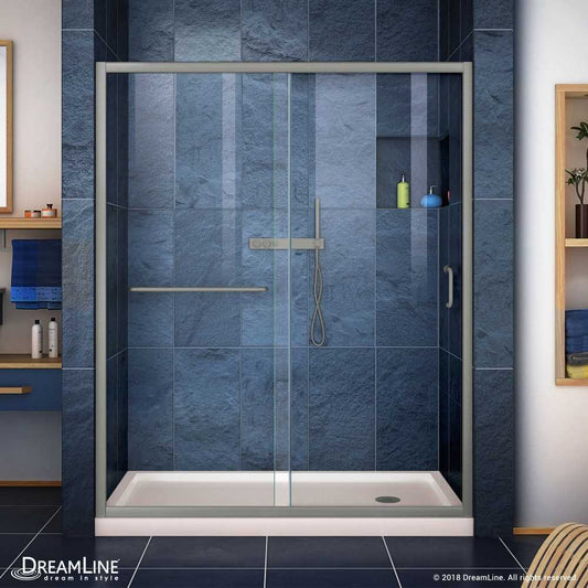 Infinity-Z 36 in. D x 60 in. W x 74 3/4 in. H Clear Sliding Shower Door in Brushed Nickel and Center Drain Biscuit Base
