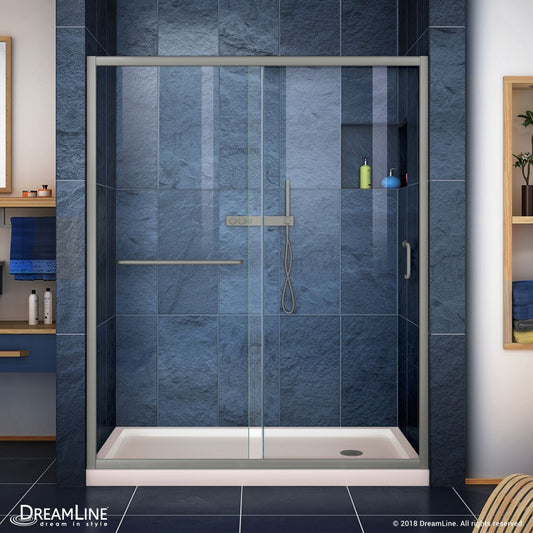 Infinity-Z 36 in. D x 60 in. W x 74 3/4 in. H Clear Sliding Shower Door in Brushed Nickel and Right Drain Biscuit Base