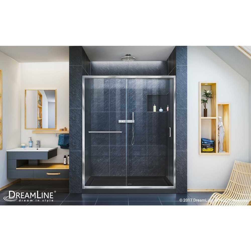 Infinity-Z 36 in. D x 60 in. W x 74 3/4 in. H Clear Sliding Shower Door in Chrome and Center Drain Black Base