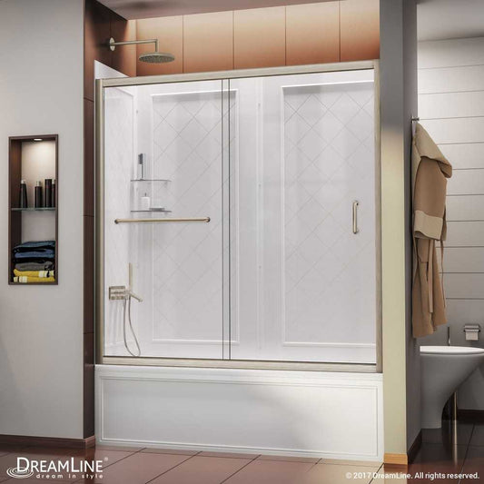 Infinity-Z 56-60 in. W  x 60 in. H Clear Sliding Tub Door in Brushed Nickel with White Acrylic Backwall Kit