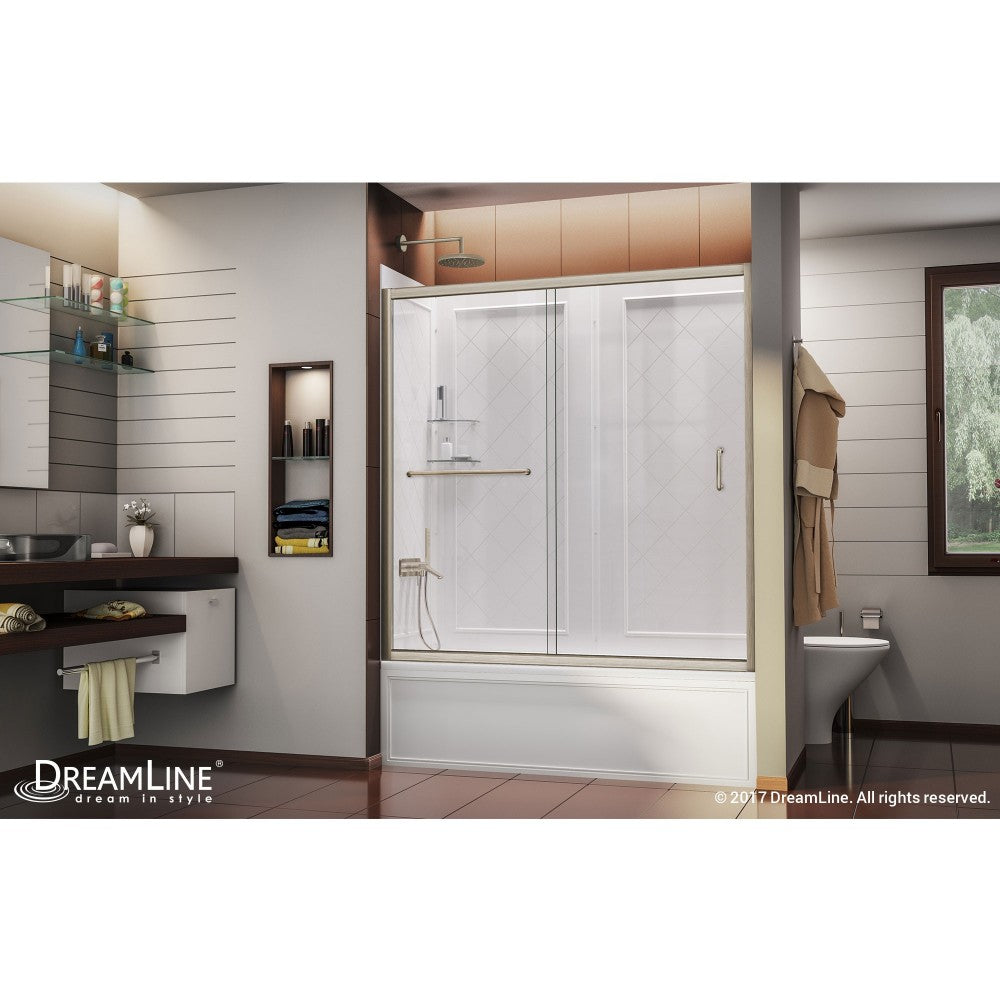 Infinity-Z 56-60 in. W  x 60 in. H Clear Sliding Tub Door in Brushed Nickel with White Acrylic Backwall Kit