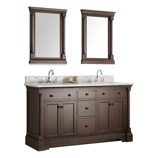 Kingston 61" Antique Coffee Double Sink Traditional Bathroom Vanity w/ Mirrors