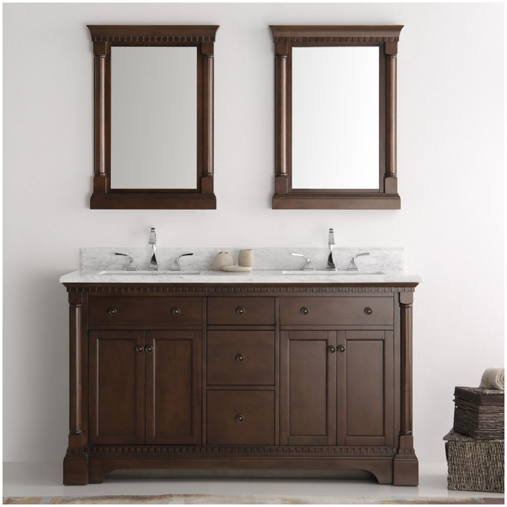 Kingston 61" Antique Coffee Double Sink Traditional Bathroom Vanity w/ Mirrors