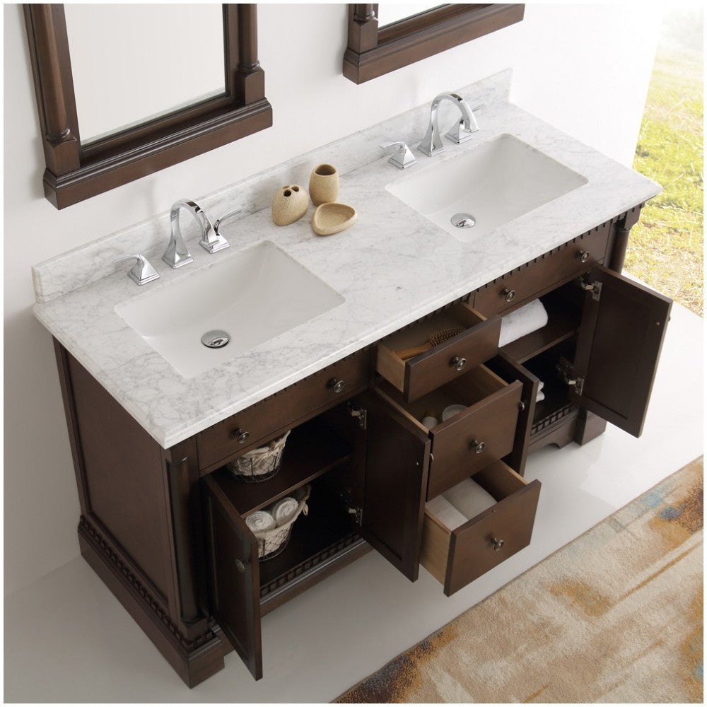 Kingston 61" Antique Coffee Double Sink Traditional Bathroom Vanity w/ Mirrors