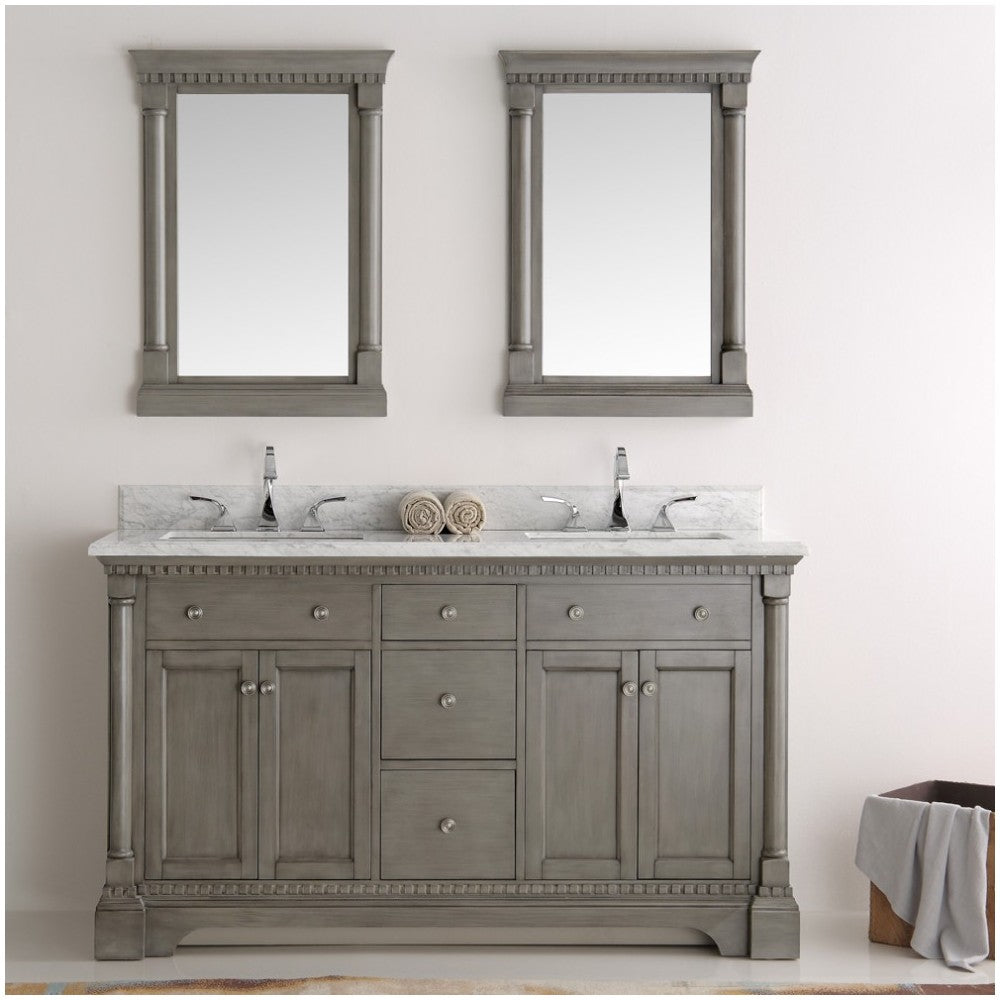 Kingston 61" Antique Silver Double Sink Traditional Bathroom Vanity w/ Mirrors