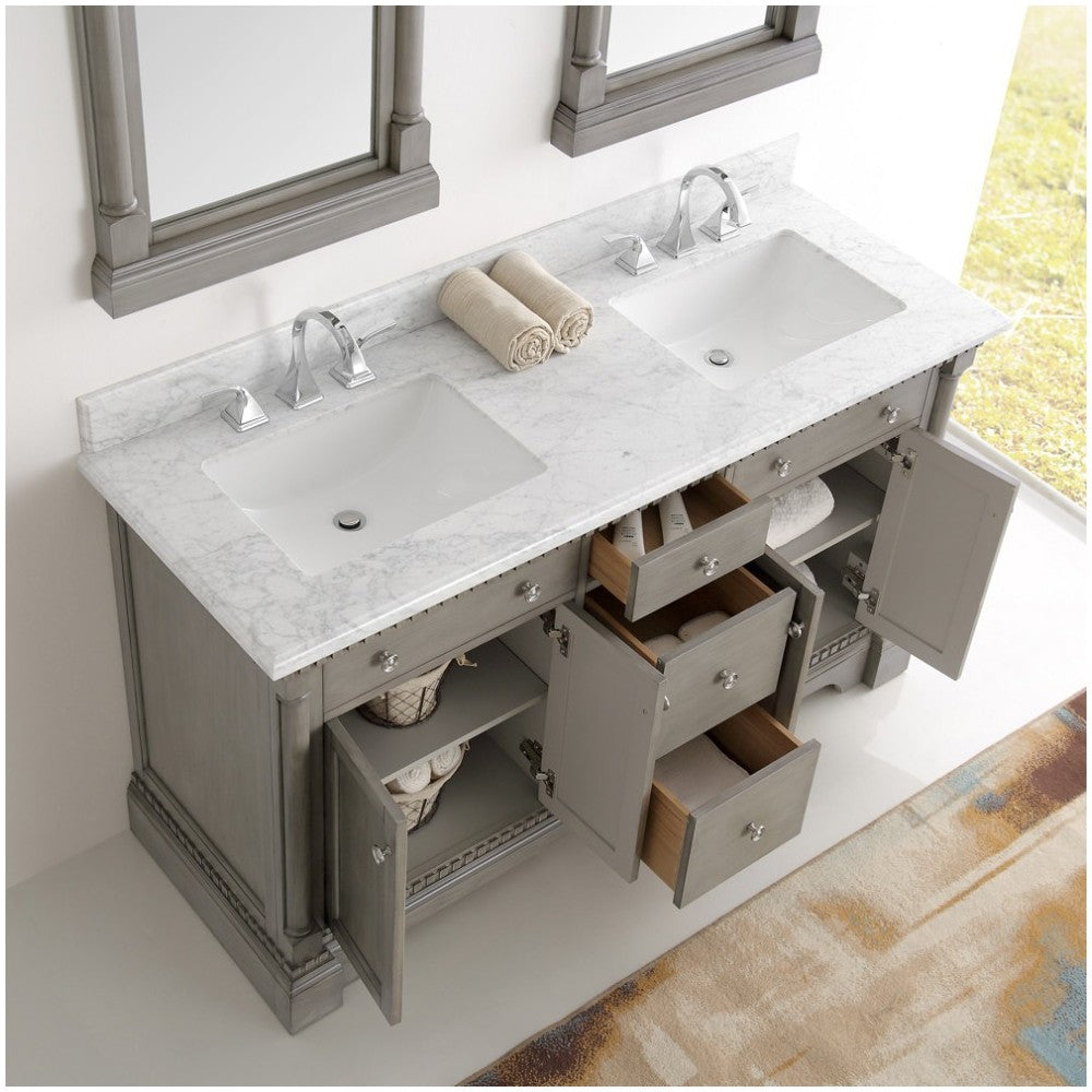 Kingston 61" Antique Silver Double Sink Traditional Bathroom Vanity w/ Mirrors