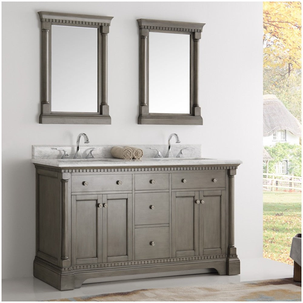 Kingston 61" Antique Silver Double Sink Traditional Bathroom Vanity w/ Mirrors