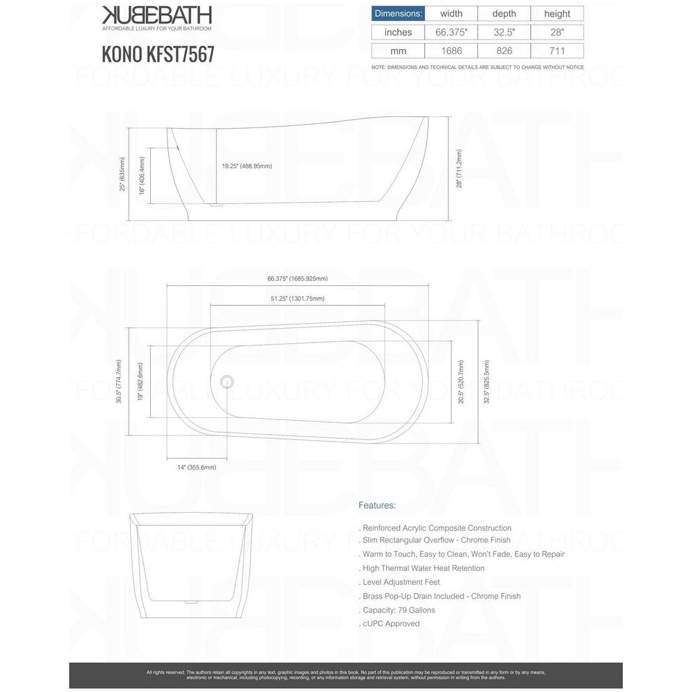 Kube Kono 67" Free Standing Bathtub