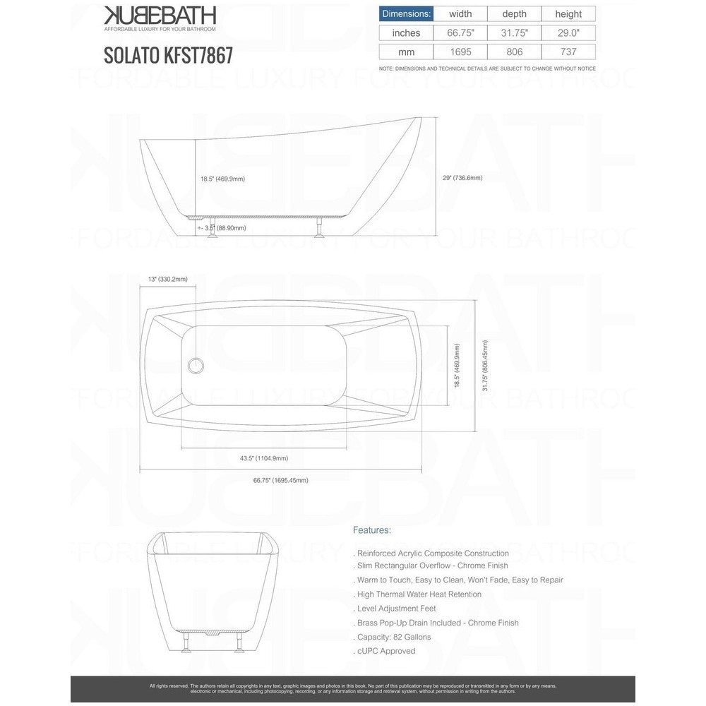 Kube Solato 67" Free Standing Bathtub