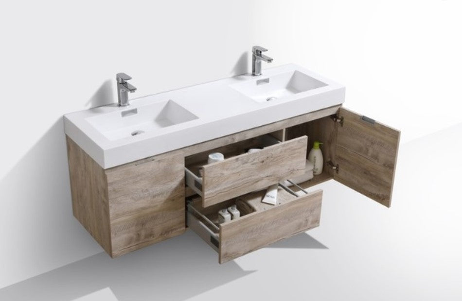 Bliss 60" Double  Sink Nature Wood Wall Mount Modern Bathroom Vanity