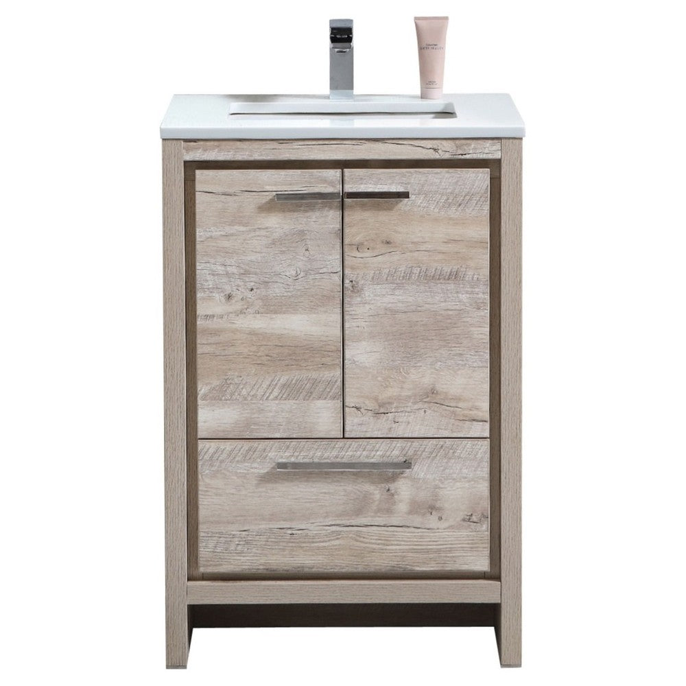 KubeBath Dolce 24" Nature Wood Modern Vanity, White Quartz Counter-Top