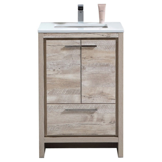 KubeBath Dolce 24" Nature Wood Modern Vanity, White Quartz Counter-Top