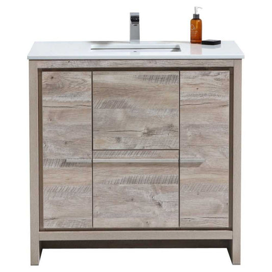 KubeBath Dolce 36" Nature Wood  Modern Vanity, White Quartz Counter-Top