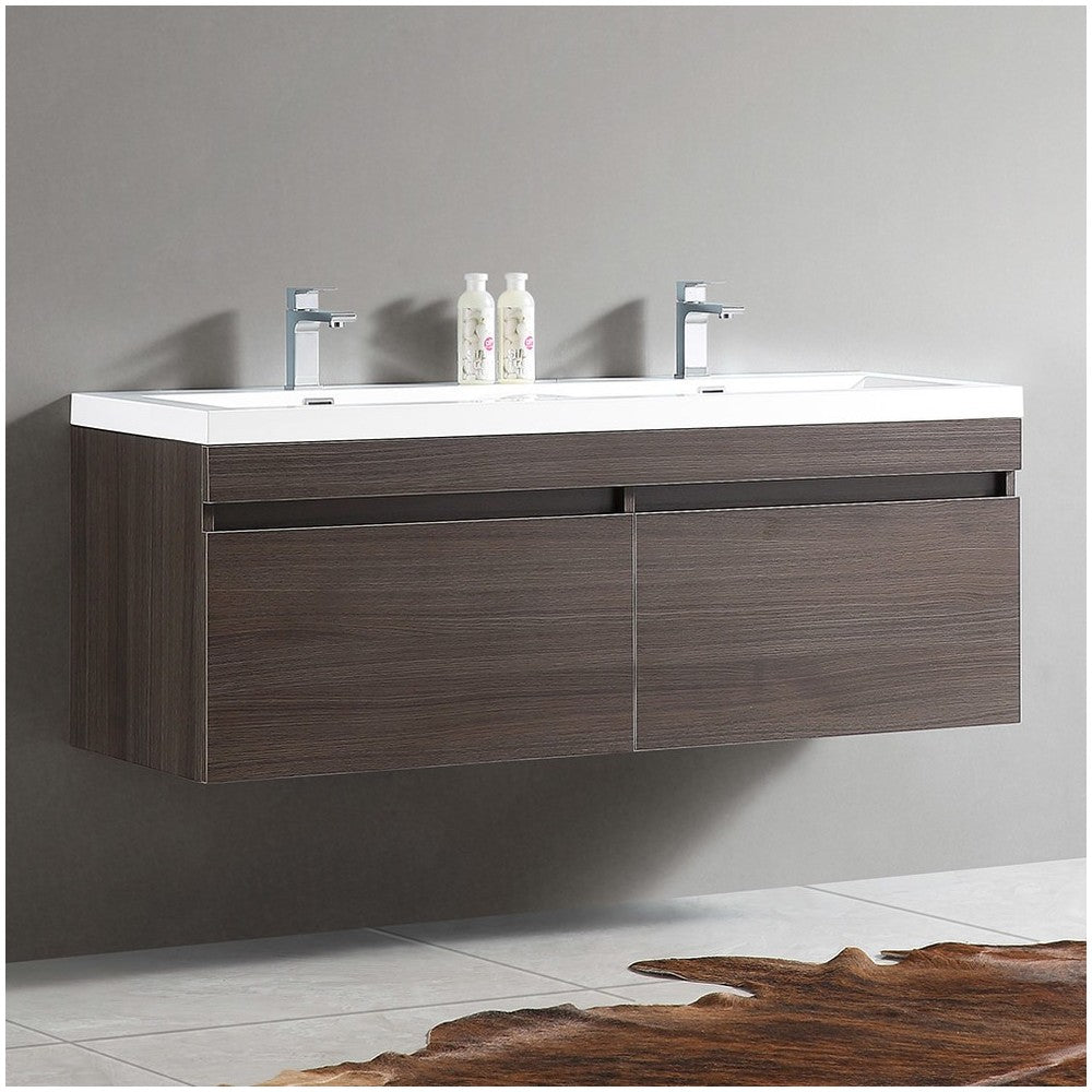 Largo 57" Gray Oak Modern Double Sink Bathroom Cabinet w/ Integrated Sinks