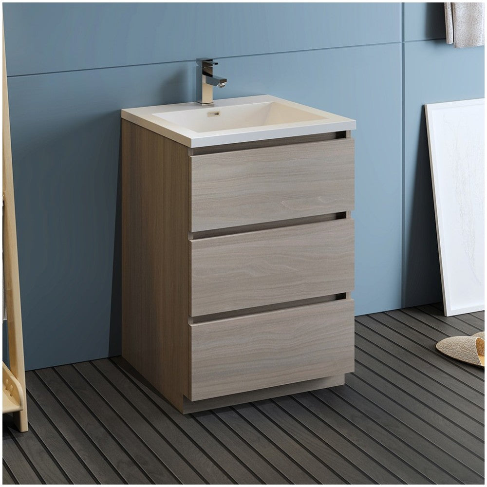 Lazzaro 24" Gray Wood Free Standing Modern Bathroom Cabinet w/ Integrated Sink