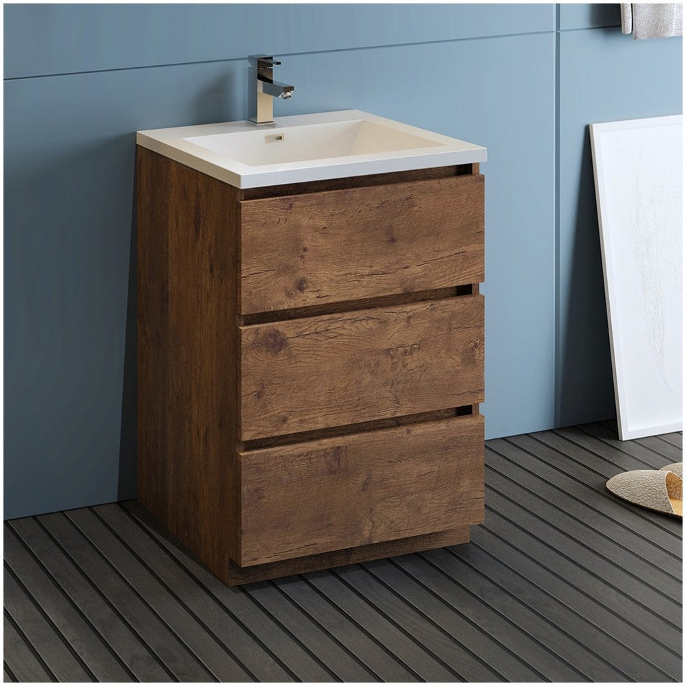 Lazzaro 24" Rosewood Free Standing Modern Bathroom Cabinet w/ Integrated Sink