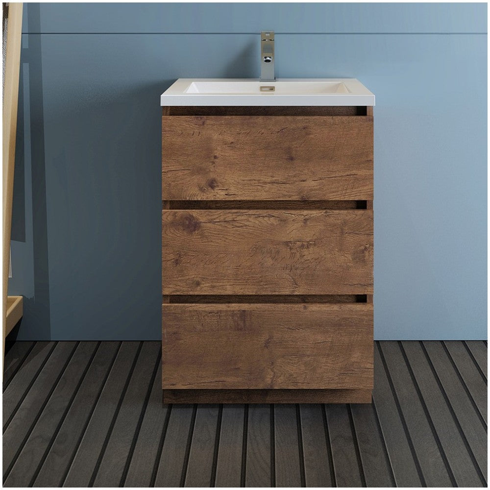 Lazzaro 24" Rosewood Free Standing Modern Bathroom Cabinet w/ Integrated Sink