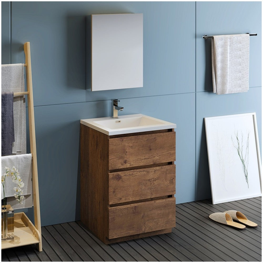 Lazzaro 24" Rosewood Free Standing Modern Bathroom Vanity w/ Medicine Cabinet