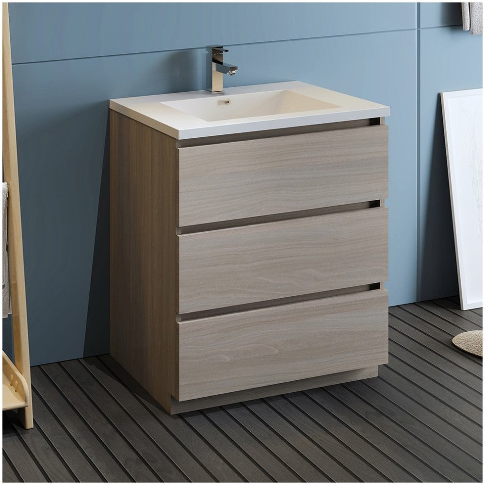 Lazzaro 30" Gray Wood Free Standing Modern Bathroom Cabinet w/ Integrated Sink
