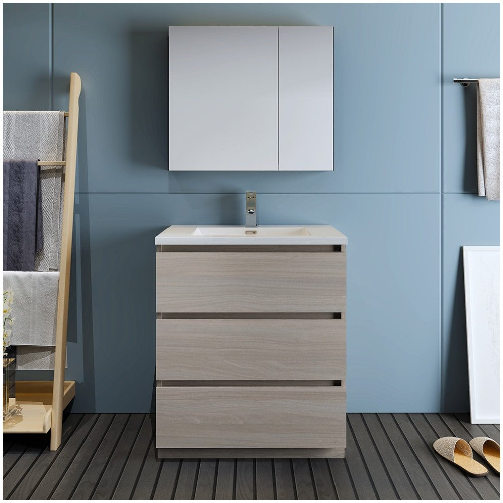 Lazzaro 30" Gray Wood Free Standing Modern Bathroom Vanity w/ Medicine Cabinet