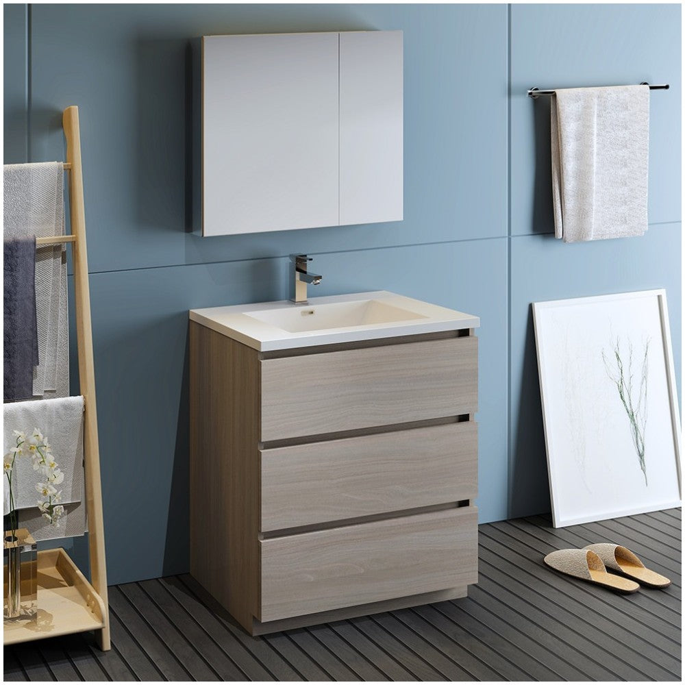 Lazzaro 30" Gray Wood Free Standing Modern Bathroom Vanity w/ Medicine Cabinet