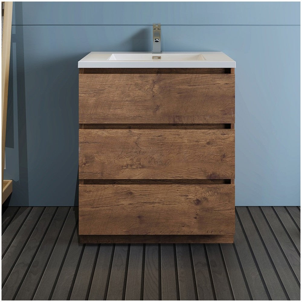 Lazzaro 30" Rosewood Free Standing Modern Bathroom Cabinet w/ Integrated Sink