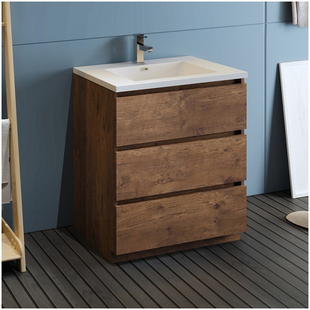 Lazzaro 30" Rosewood Free Standing Modern Bathroom Cabinet w/ Integrated Sink