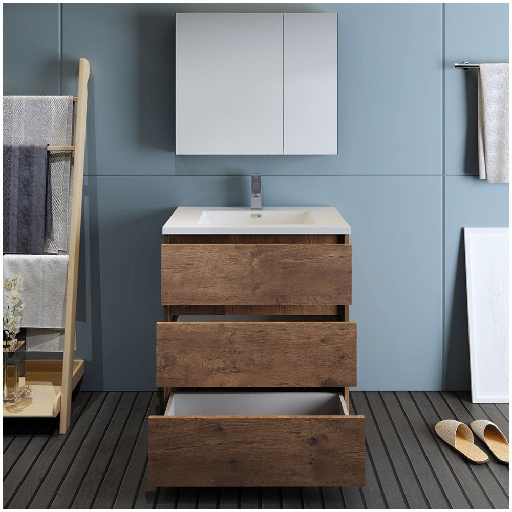 Lazzaro 30" Rosewood Free Standing Modern Bathroom Vanity w/ Medicine Cabinet