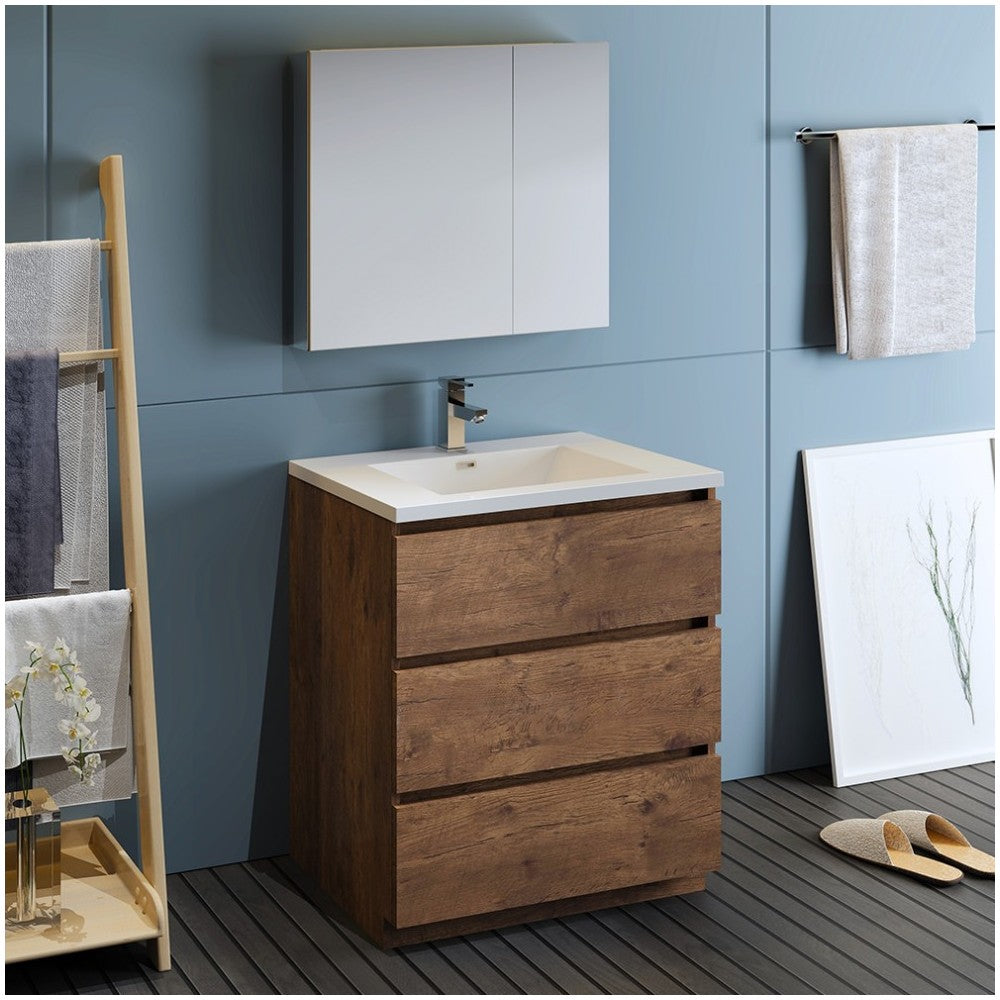 Lazzaro 30" Rosewood Free Standing Modern Bathroom Vanity w/ Medicine Cabinet