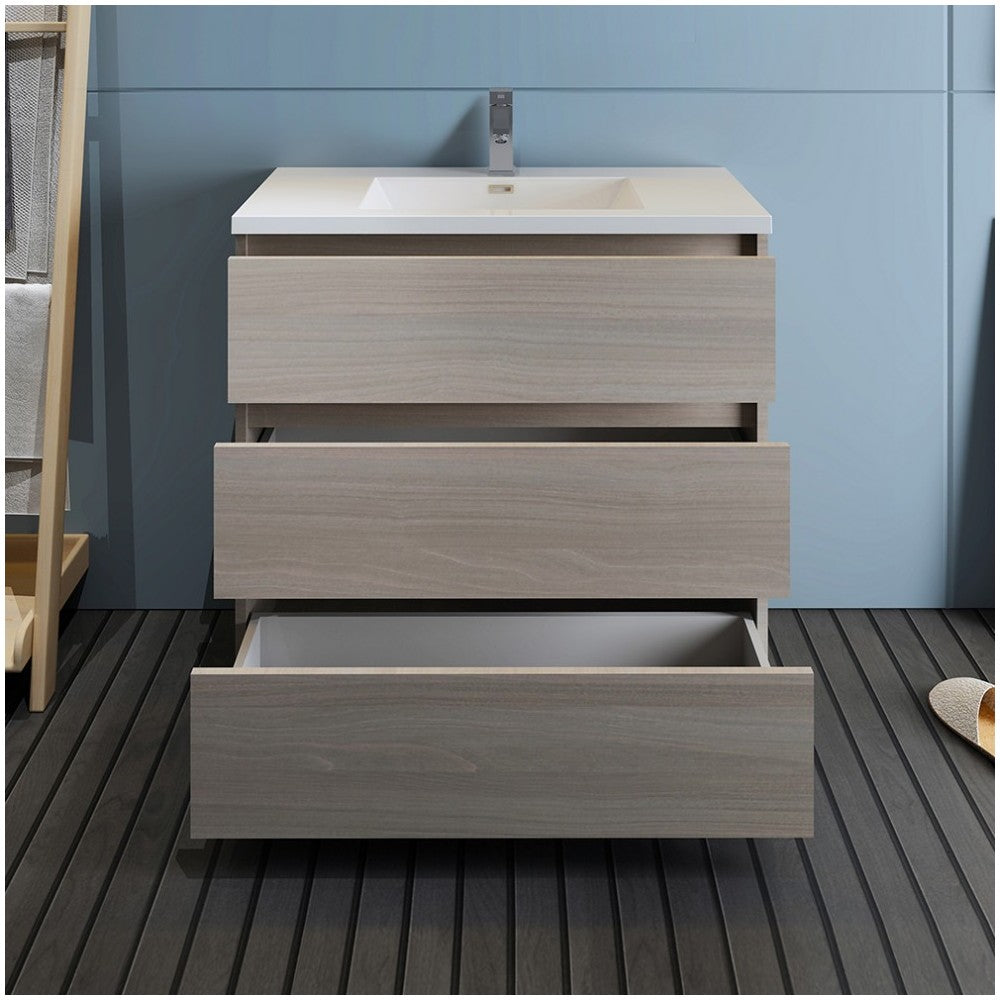 Lazzaro 36" Gray Wood Free Standing Modern Bathroom Cabinet w/ Integrated Sink