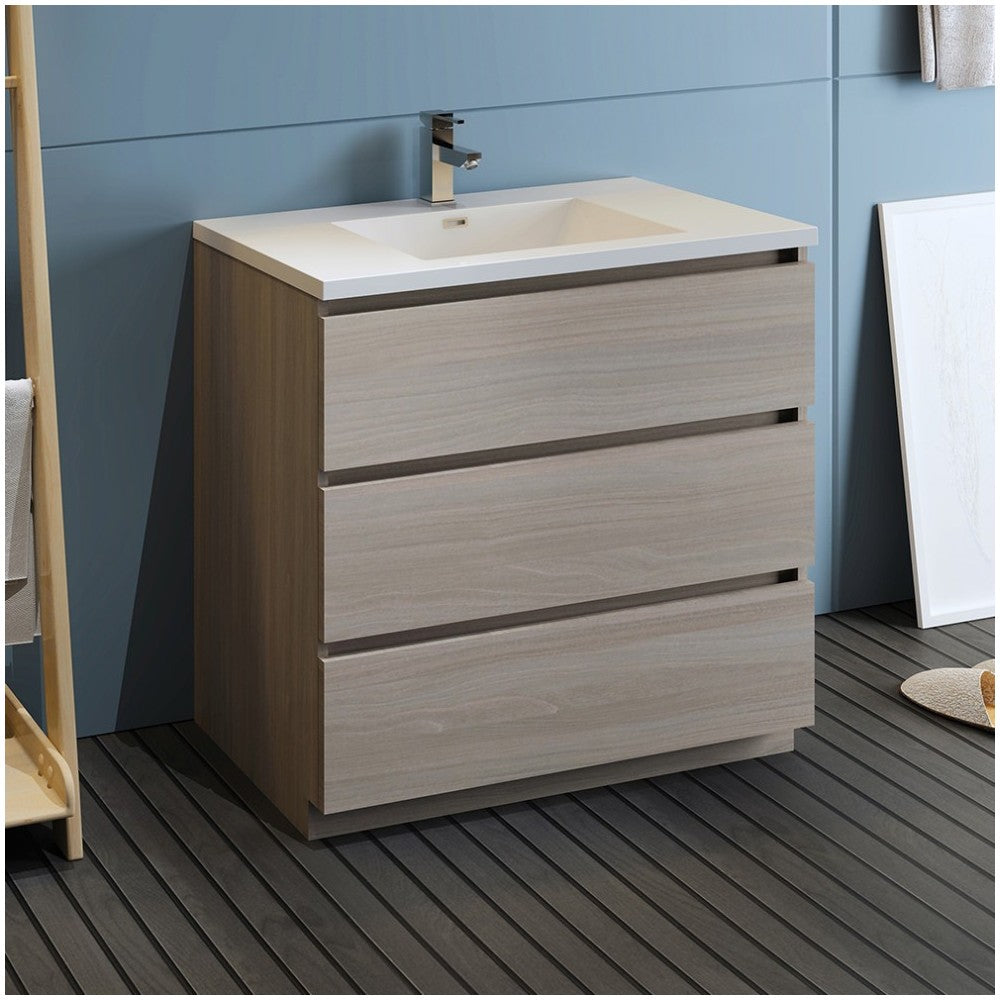 Lazzaro 36" Gray Wood Free Standing Modern Bathroom Cabinet w/ Integrated Sink
