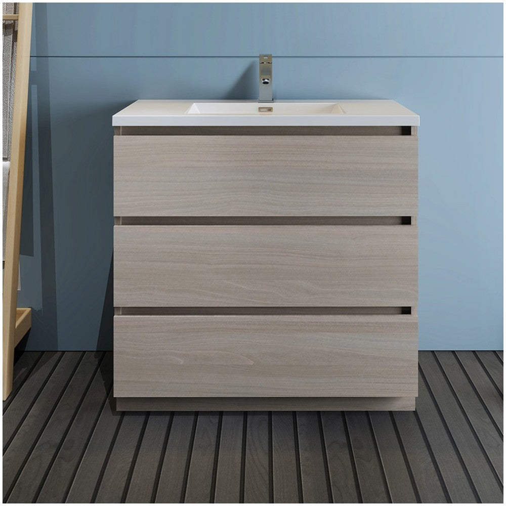 Lazzaro 36" Gray Wood Free Standing Modern Bathroom Cabinet w/ Integrated Sink