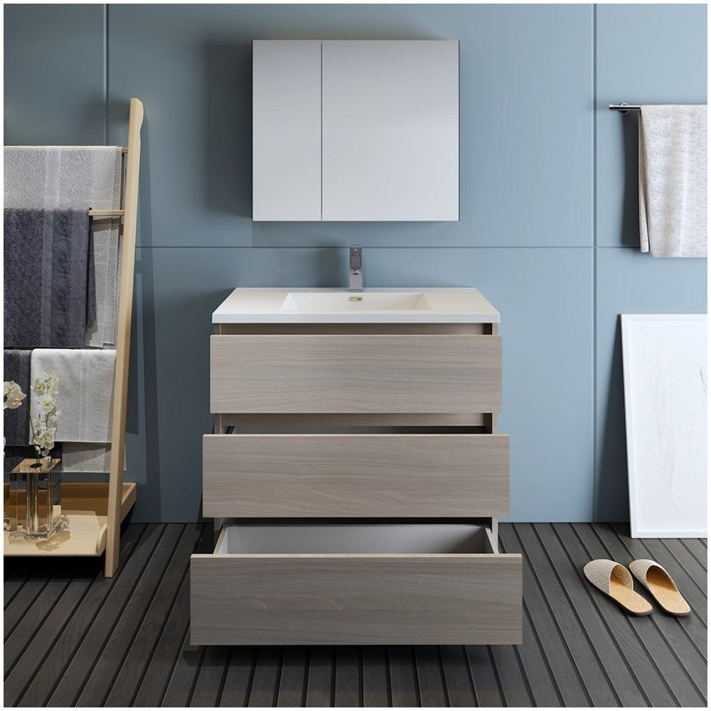 Lazzaro 36" Gray Wood Free Standing Modern Bathroom Vanity w/ Medicine Cabinet