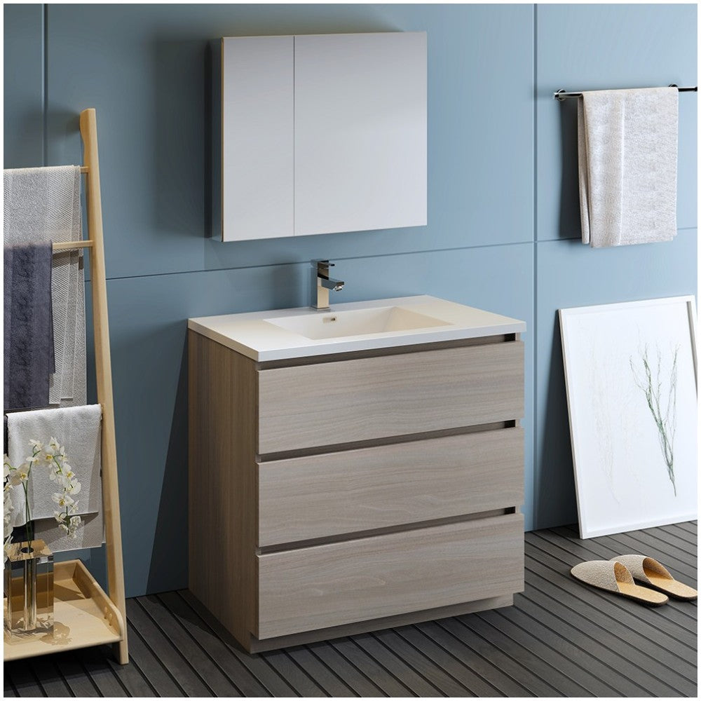 Lazzaro 36" Gray Wood Free Standing Modern Bathroom Vanity w/ Medicine Cabinet