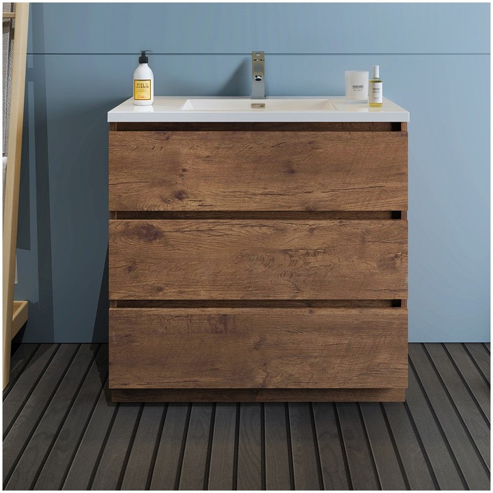 Lazzaro 36" Rosewood Free Standing Modern Bathroom Cabinet w/ Integrated Sink
