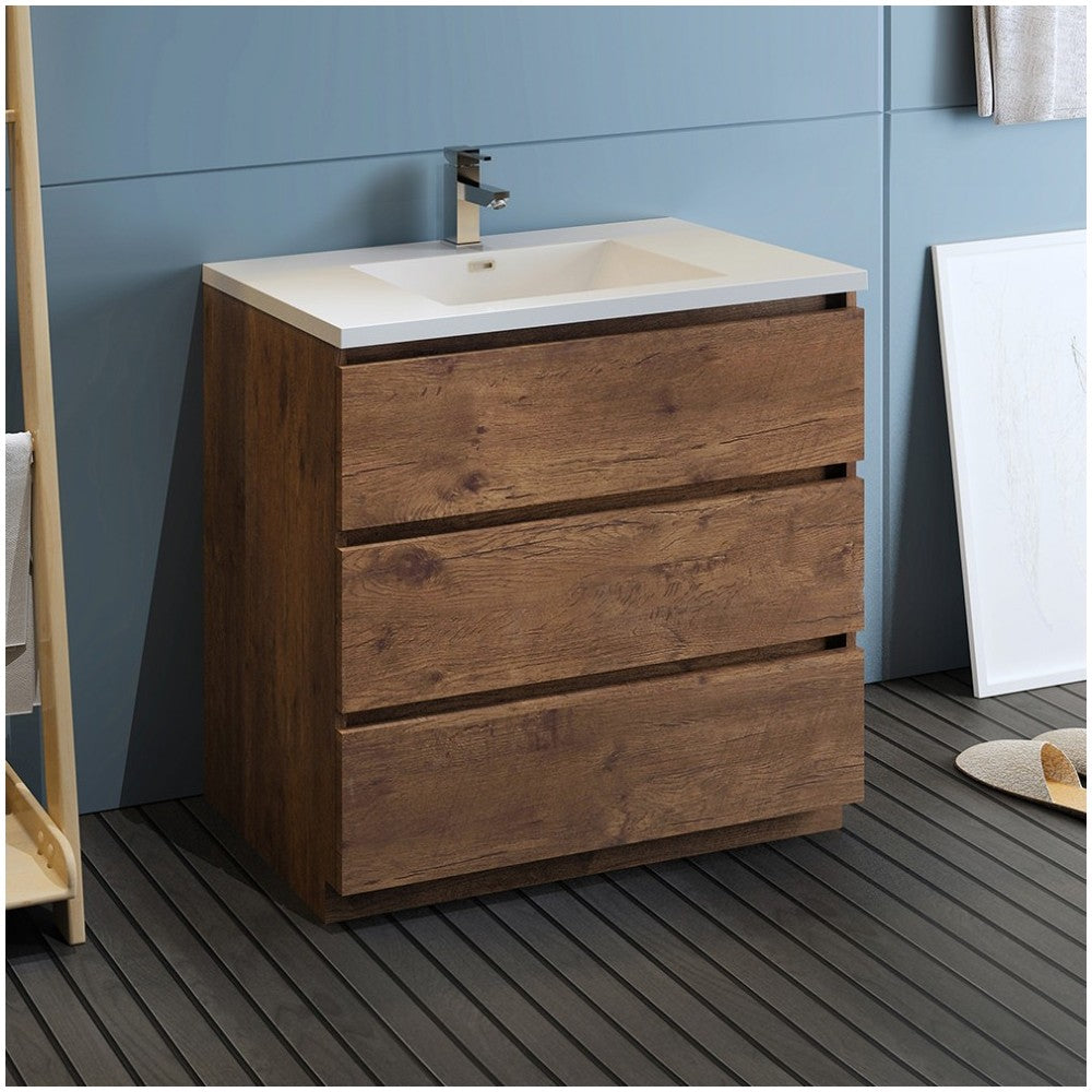 Lazzaro 36" Rosewood Free Standing Modern Bathroom Cabinet w/ Integrated Sink
