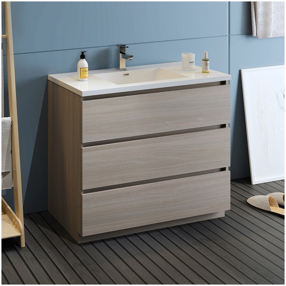 Lazzaro 42" Gray Wood Free Standing Modern Bathroom Cabinet w/ Integrated Sink