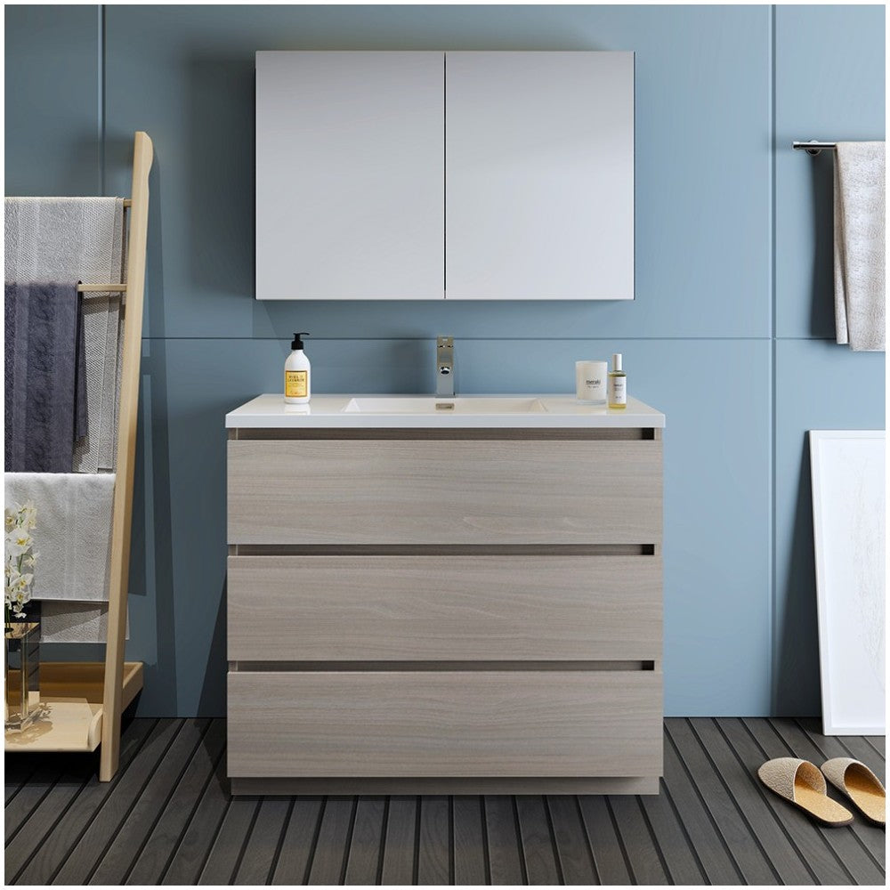 Lazzaro 42" Gray Wood Free Standing Modern Bathroom Vanity w/ Medicine Cabinet