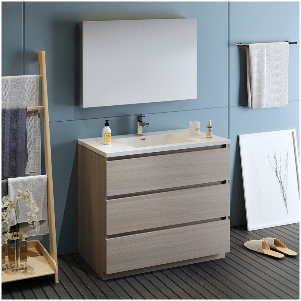 Lazzaro 42" Gray Wood Free Standing Modern Bathroom Vanity w/ Medicine Cabinet