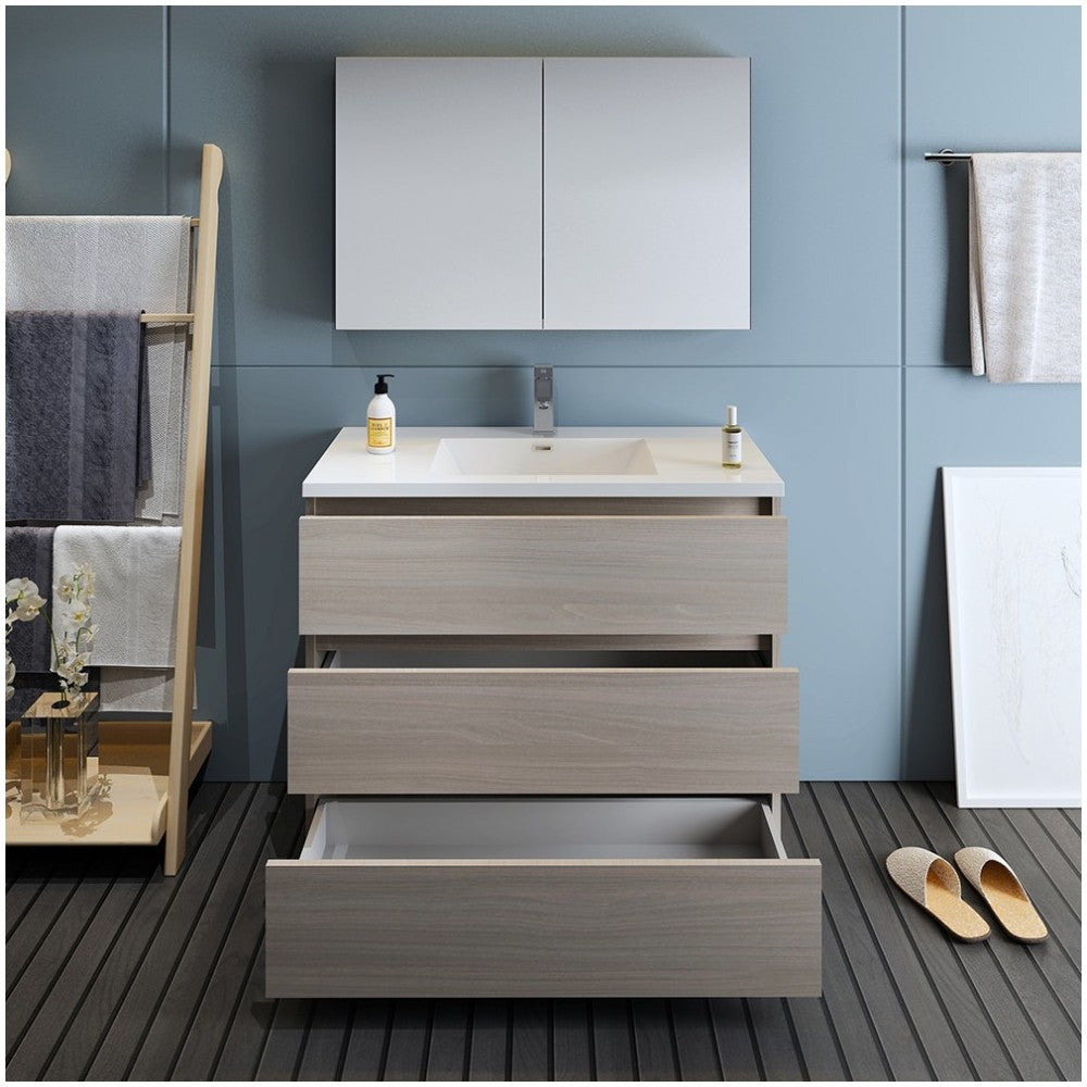 Lazzaro 42" Gray Wood Free Standing Modern Bathroom Vanity w/ Medicine Cabinet
