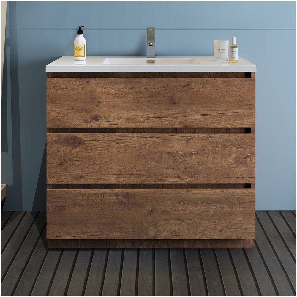 Lazzaro 42" Rosewood Free Standing Modern Bathroom Cabinet w/ Integrated Sink