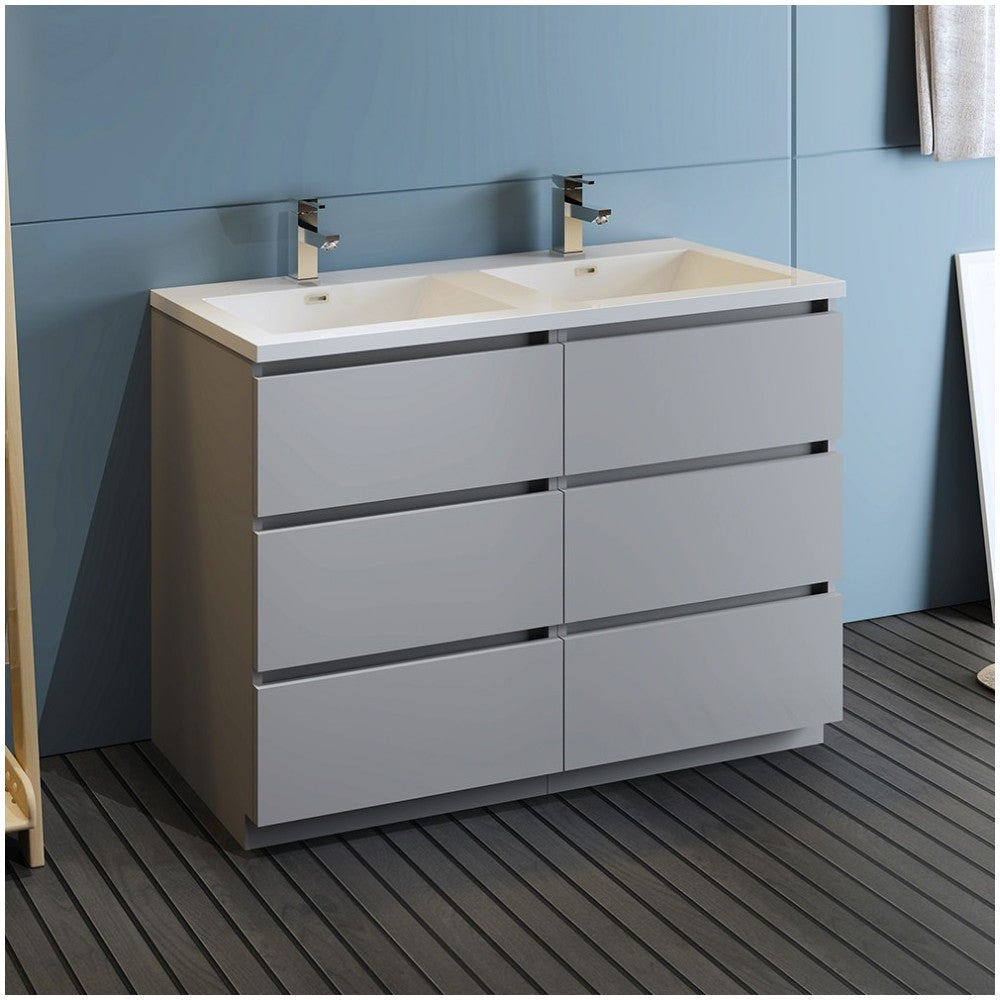 Lazzaro 48" Gray Free Standing Modern Bathroom Cabinet w/ Integrated Double Sink