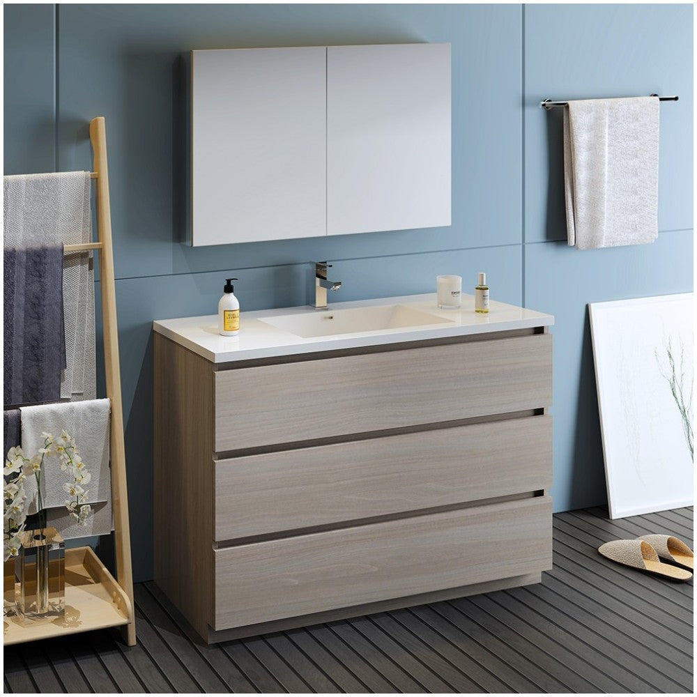Lazzaro 48" Gray Wood Free Standing Modern Bathroom Vanity w/ Medicine Cabinet